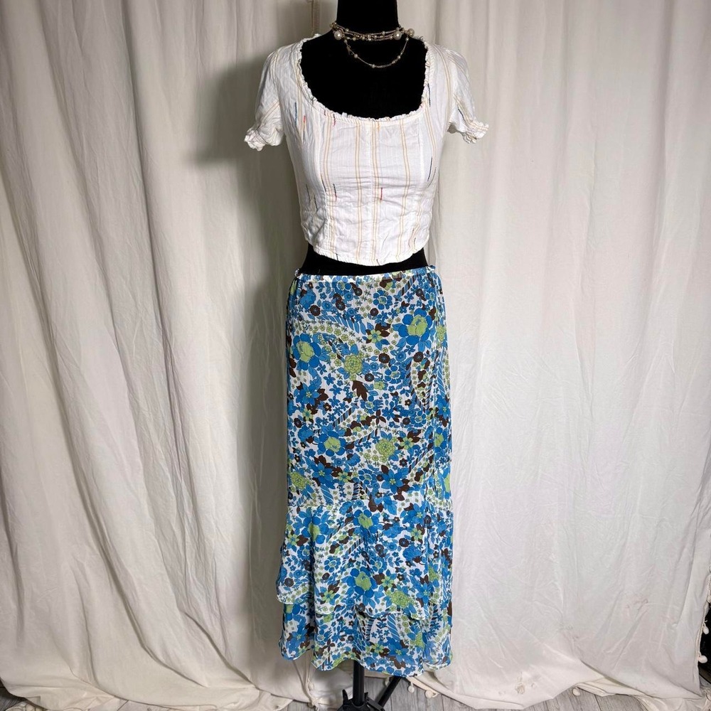 Christopher & Banks Blue Floral Tiered Midi Skirt Cottagecore Y2K XL